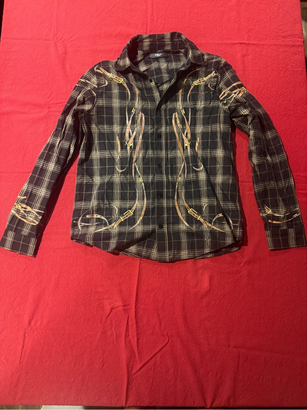 AMIRI Black Plaid Button-Down Shirt with Tan Graphic Strap Print